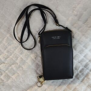 Forever Yameili  Triple Zip Black Crossbody Bag with Gold Details